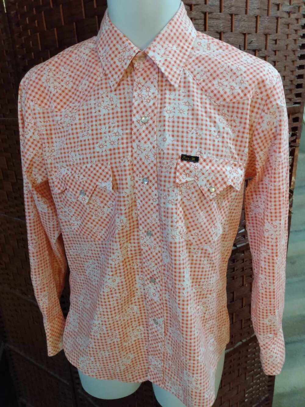 Vintage Bar M Rancher Western Shirt Orange White Checkered Flowers Medium Floral